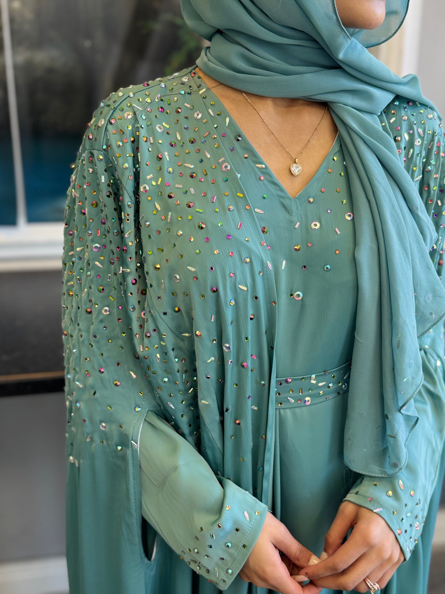 Hand-Embellished Light Blue Abaya
