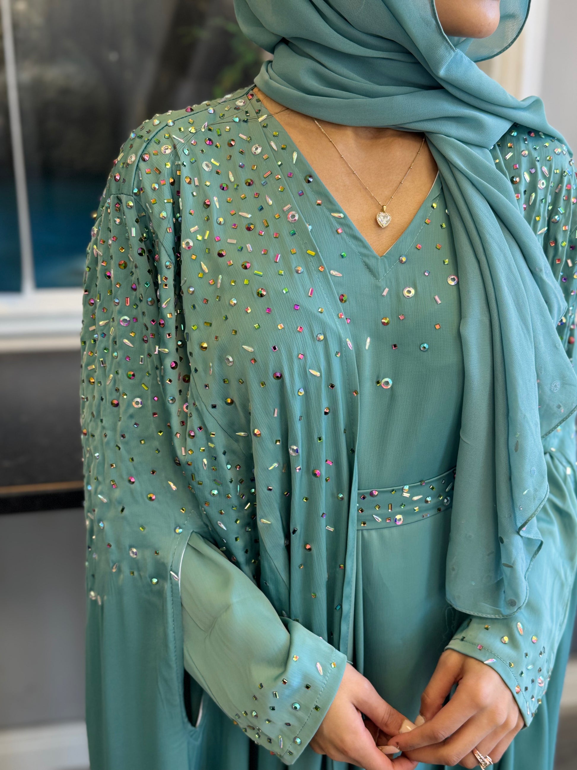 Hand-Embellished Light Blue Abaya