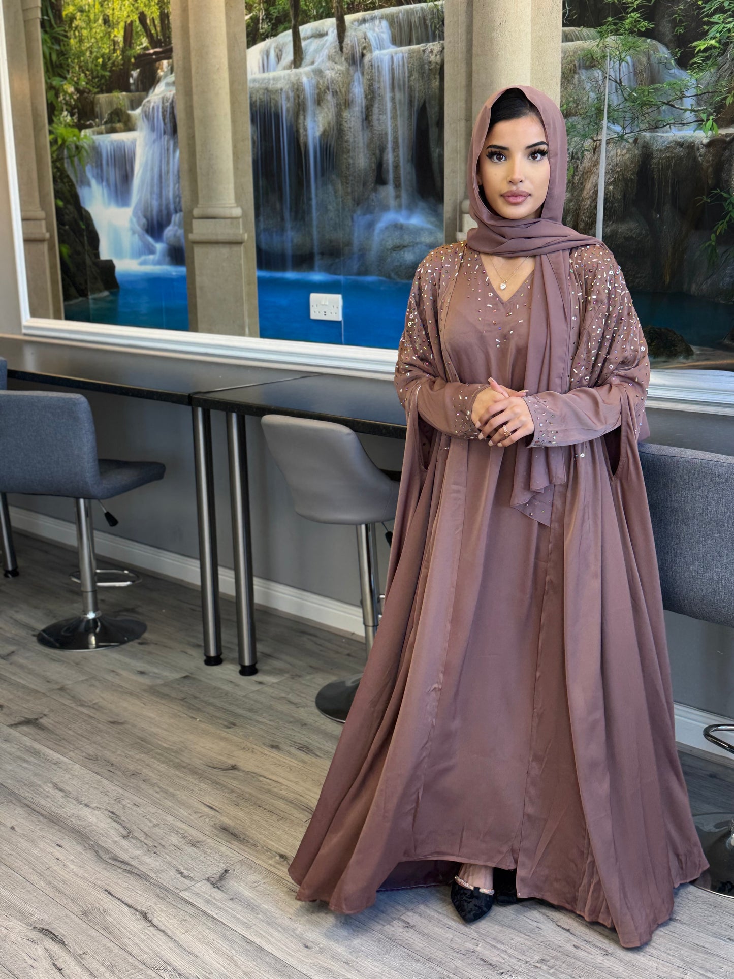 Hand-Embellished Mink Brown Abaya | Stylish Modest Fashion
