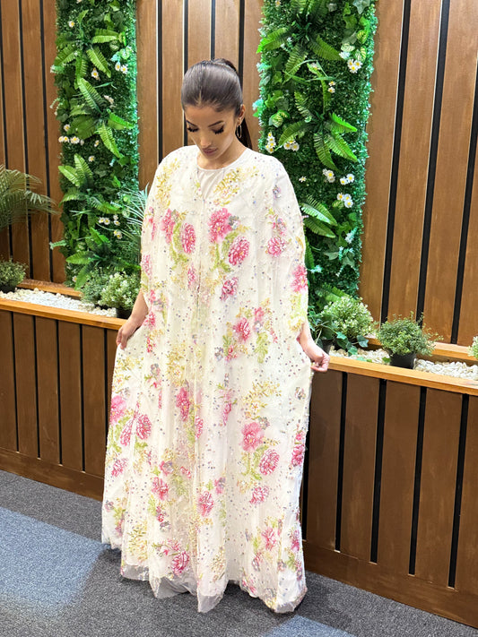 White Pink Khaleeji Abaya | Elegant Modest Wear | Hishma