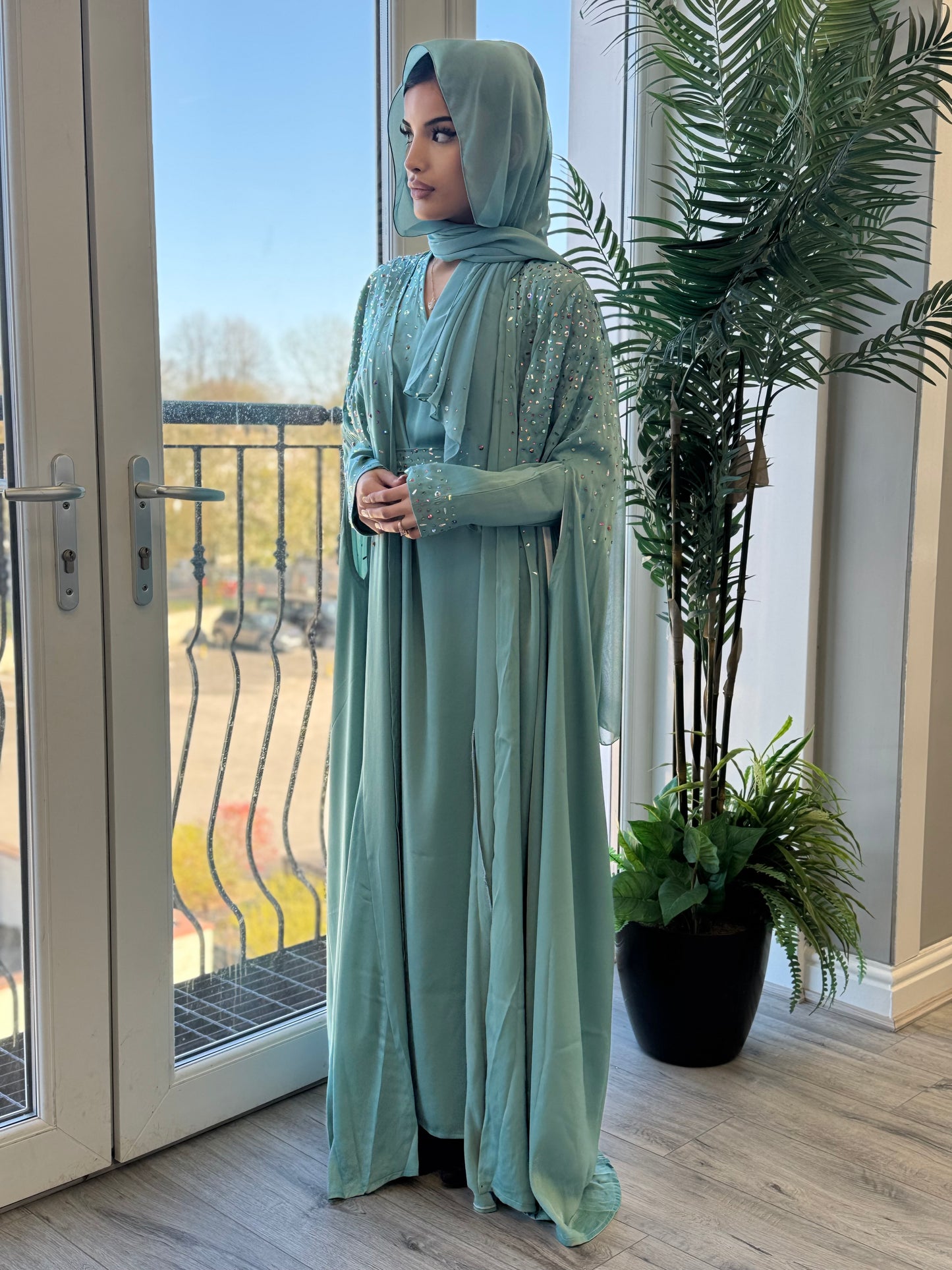 Hand-Embellished Light Blue Abaya