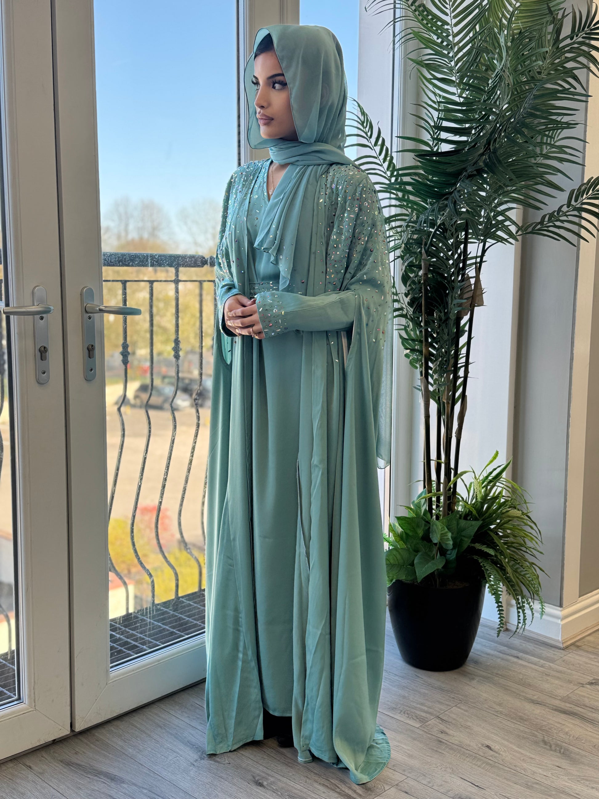 Hand-Embellished Light Blue Abaya