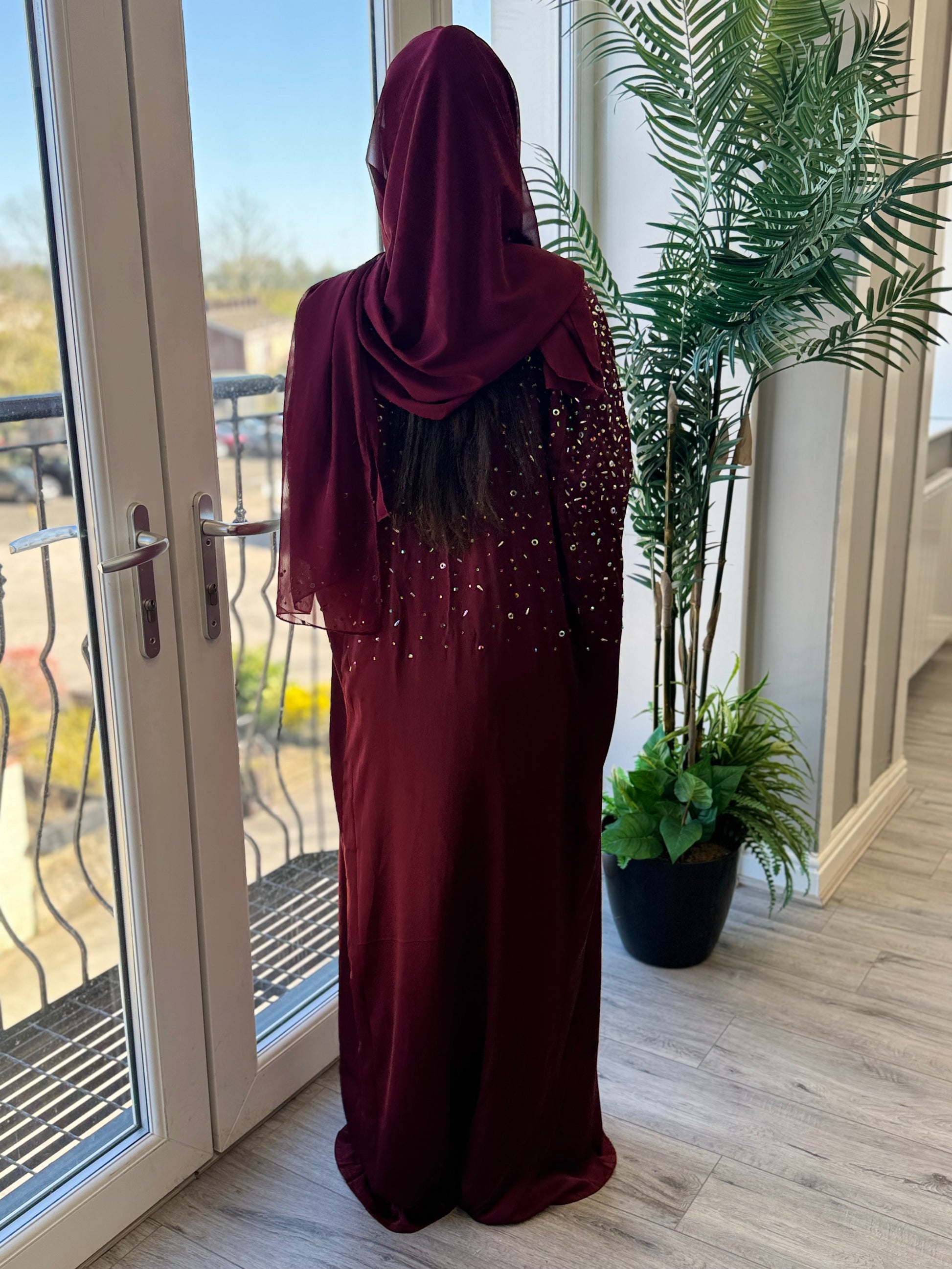 Hand-Embellished Maroon Abaya | Sophisticated Modest Wear