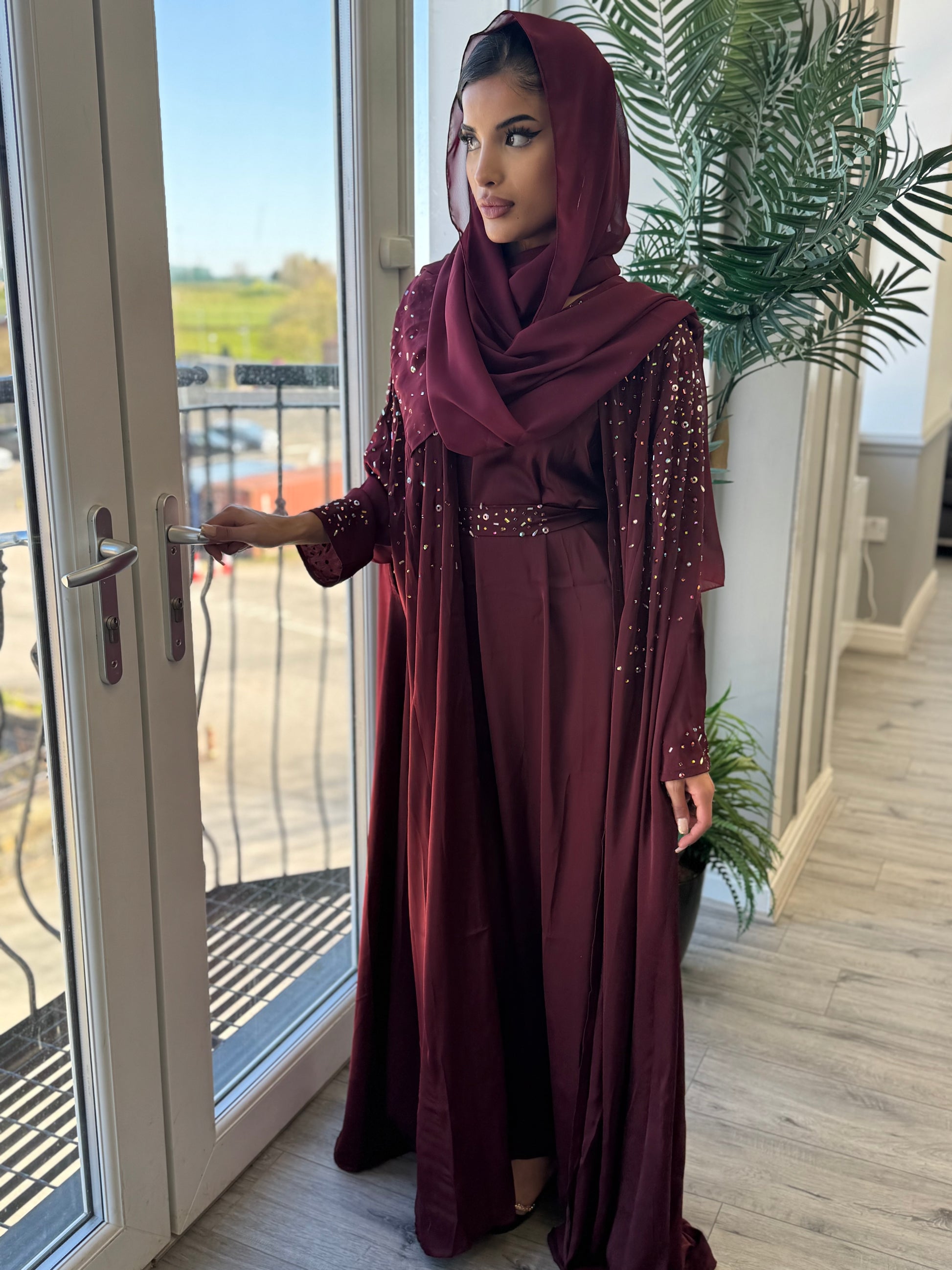 Hand-Embellished Maroon Abaya | Sophisticated Modest Wear
