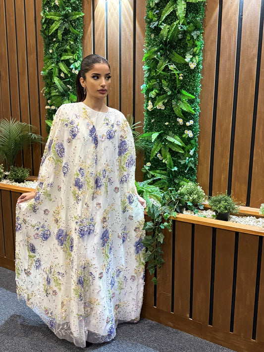 White Lilac Khaleeji Abaya | Elegant Modest Wear | Hishma