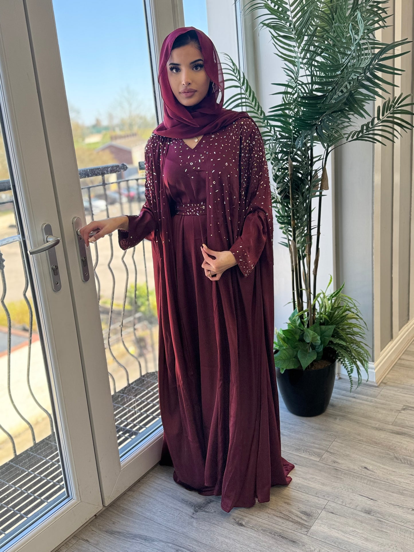 Hand-Embellished Maroon Abaya | Sophisticated Modest Wear