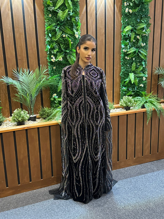 Black Velvet Occasion Abaya | Hand-Beaded Modest Wear | Hishma