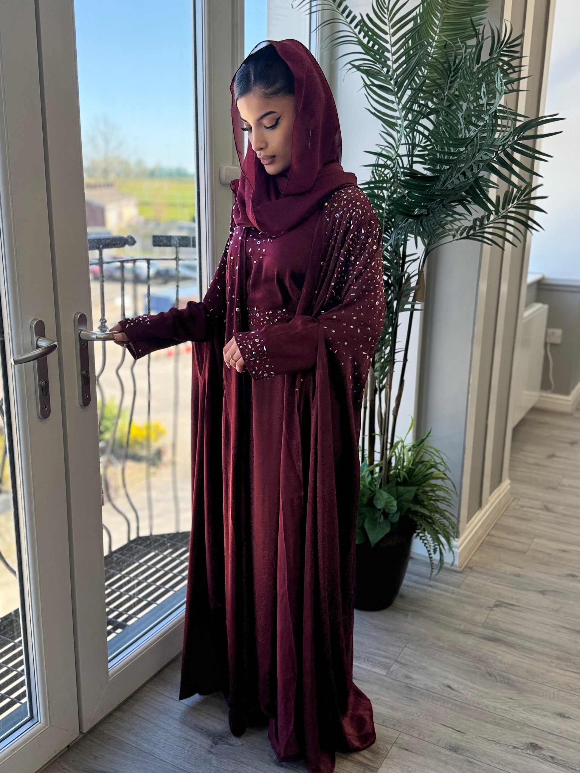 Hand-Embellished Maroon Abaya | Sophisticated Modest Wear