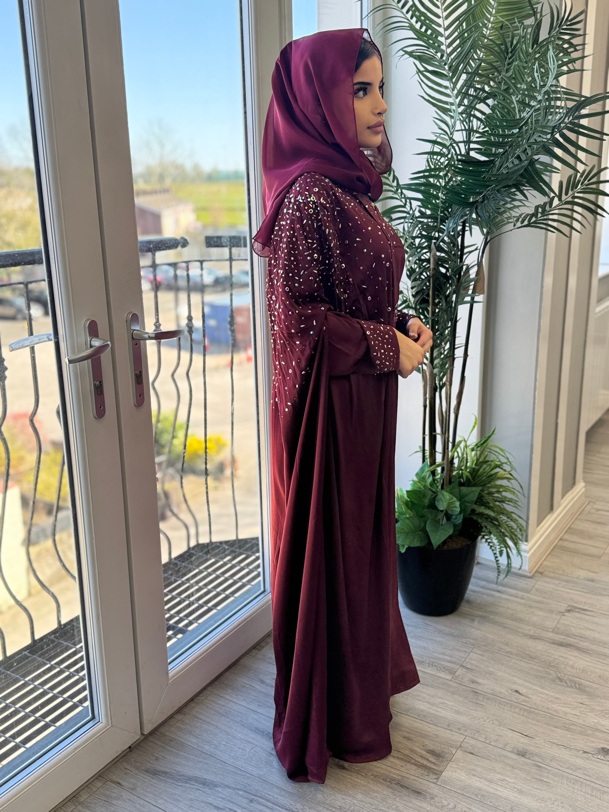 Hand-Embellished Maroon Abaya | Sophisticated Modest Wear