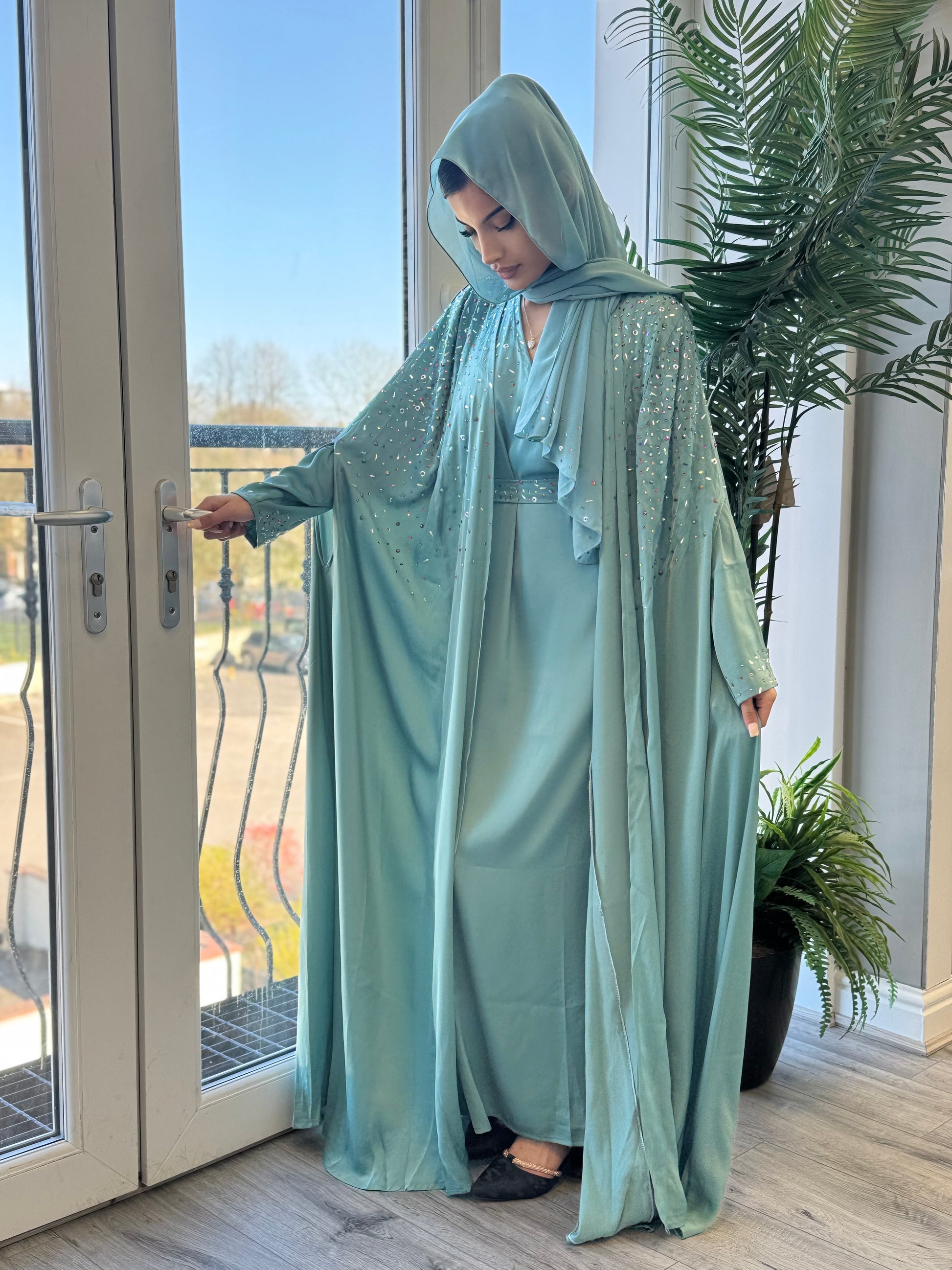 Hand-Embellished Light Blue Abaya