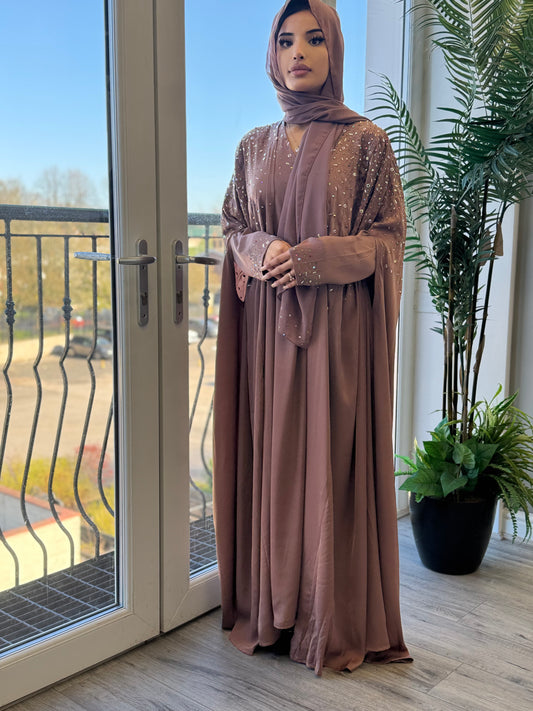 Hand-Embellished Mink Brown Abaya | Stylish Modest Fashion